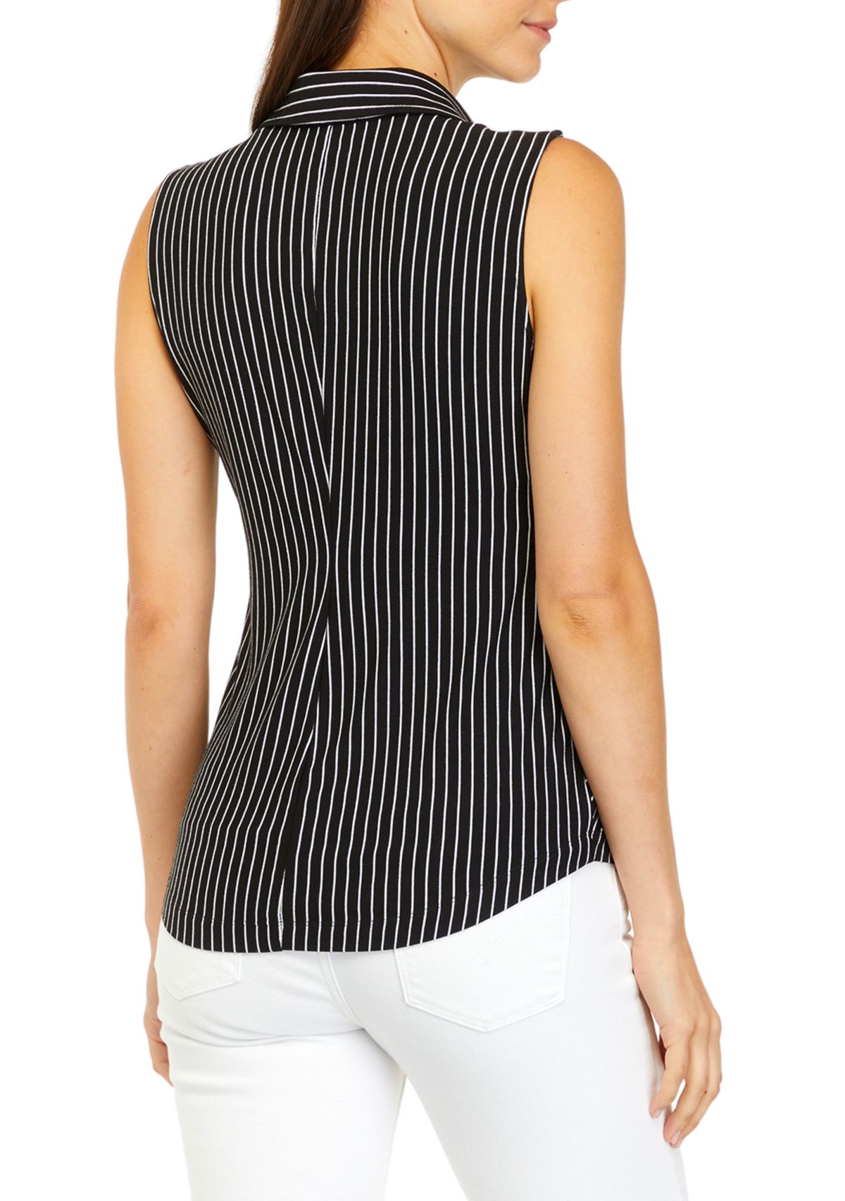 Womens Black and White Stripe Collar Button Down Top