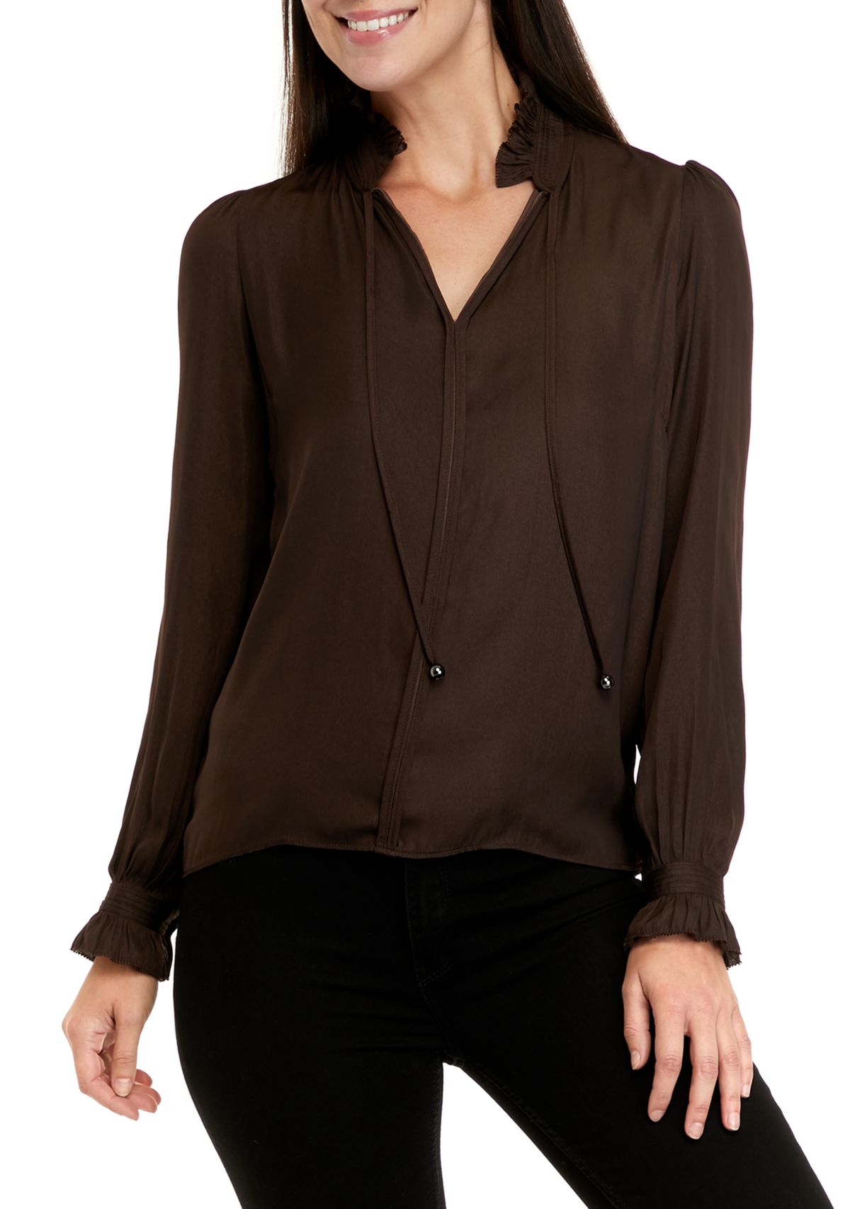 Womens Airflow Flow Ruffle Neck Blouse with Self Tie Neck
