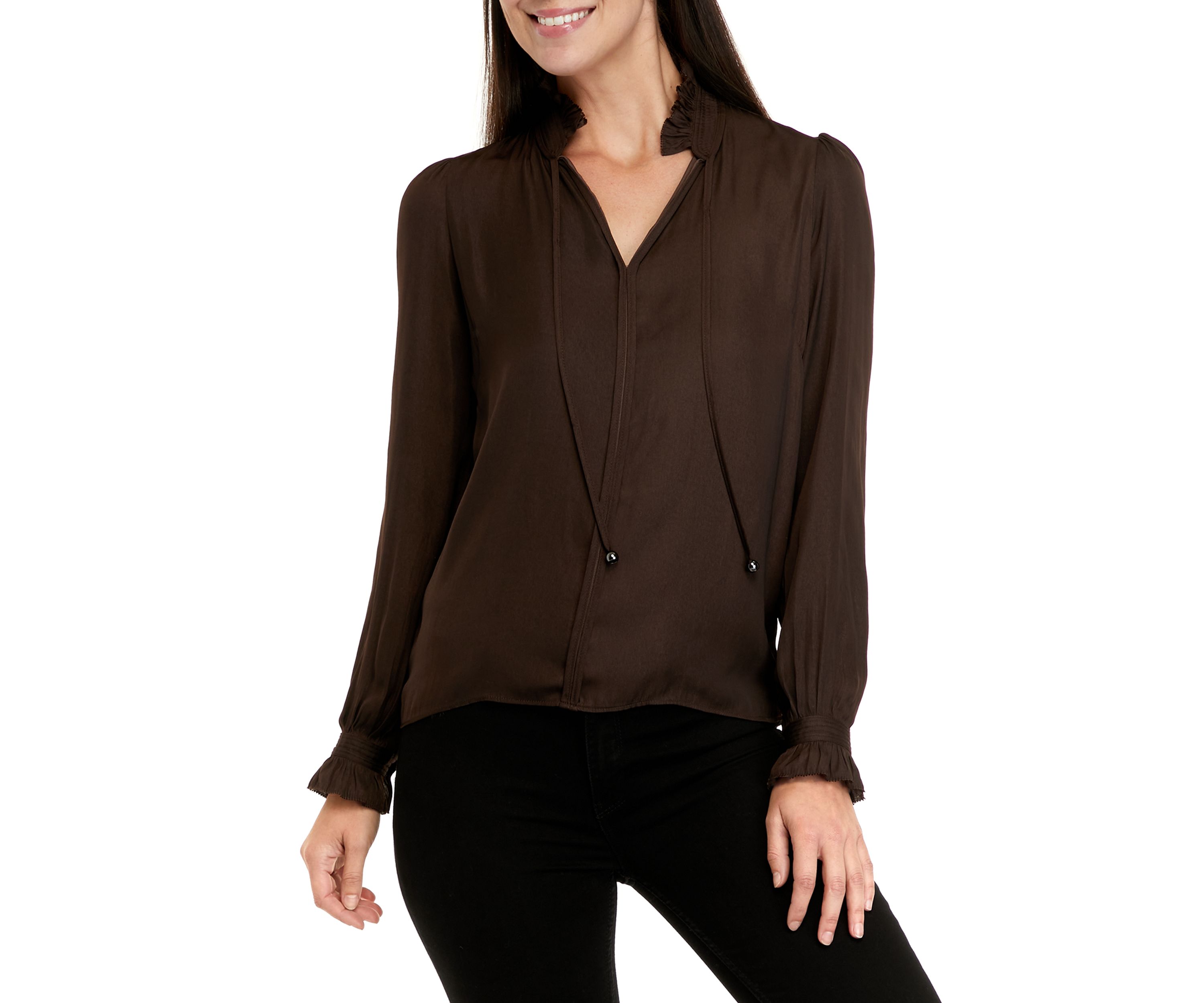 Womens Airflow Flow Ruffle Neck Blouse with Self Tie Neck