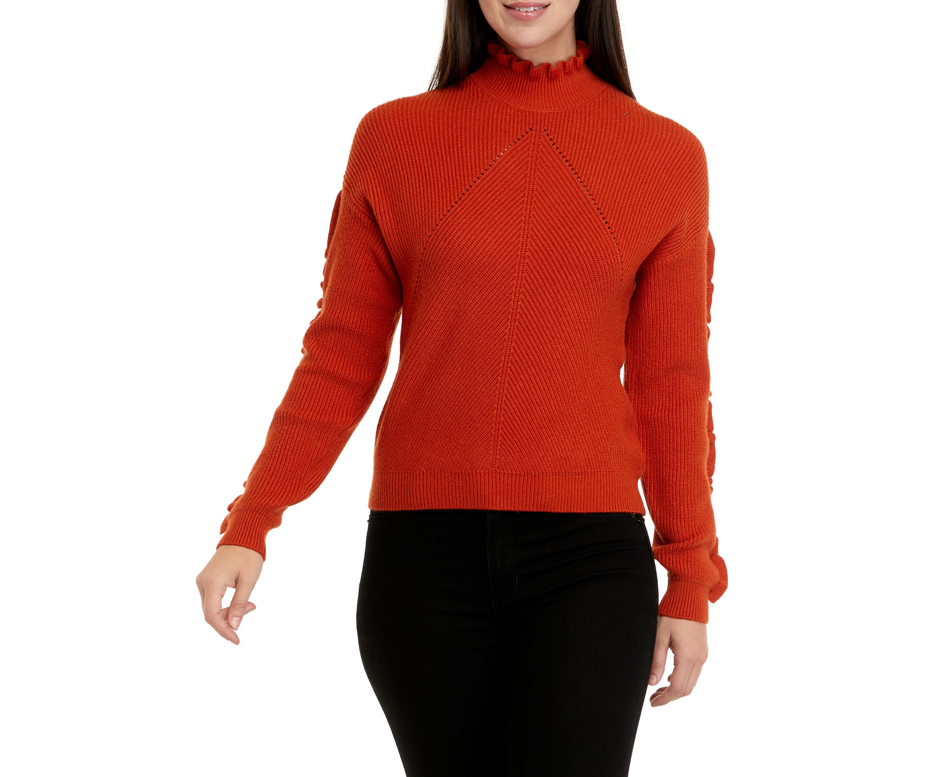 Womens Mock Neck Ruffle Trim Sweater