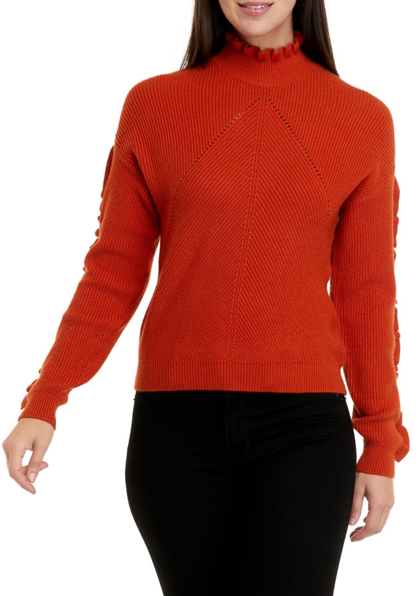 Womens Mock Neck Ruffle Trim Sweater