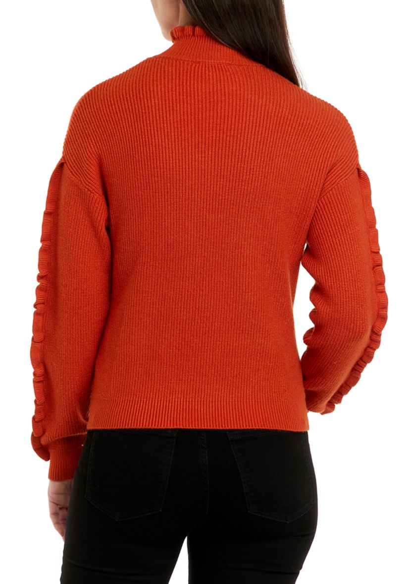 Womens Mock Neck Ruffle Trim Sweater