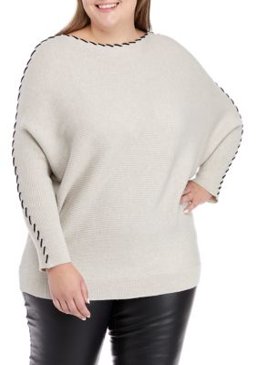 T Tahari Women's Plus Size Long Sleeve Dolman Whipstitch Sweater