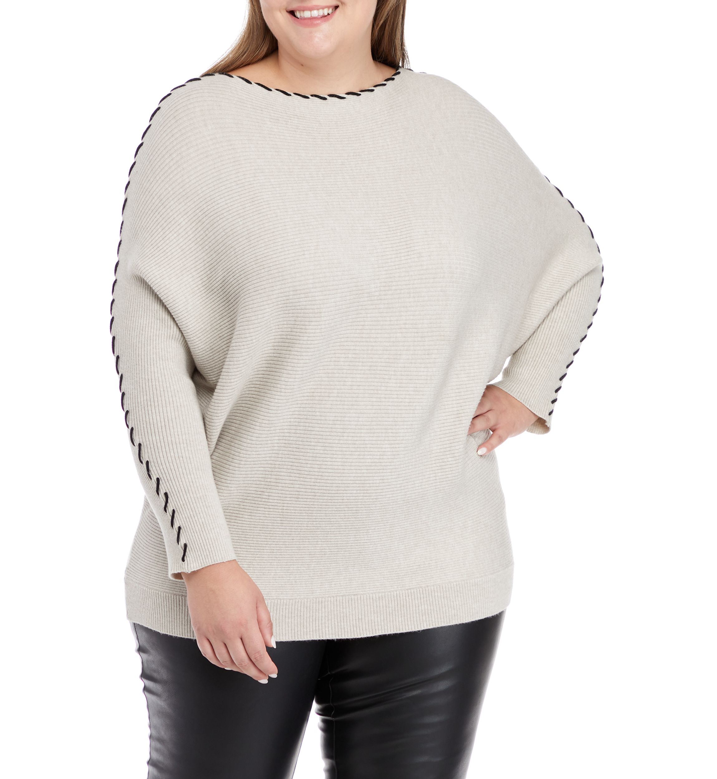 Plus Size Long Sleeve Dolman Whipstitch Sweater