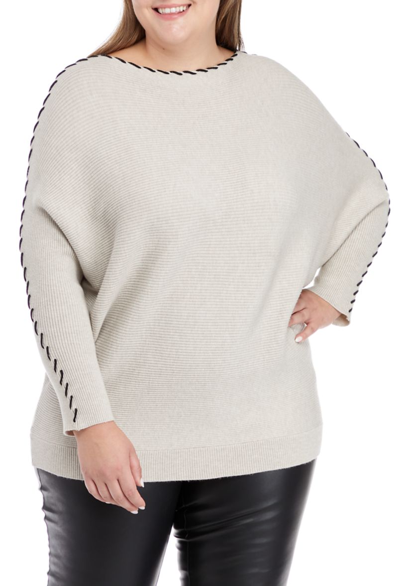 Plus Size Long Sleeve Dolman Whipstitch Sweater
