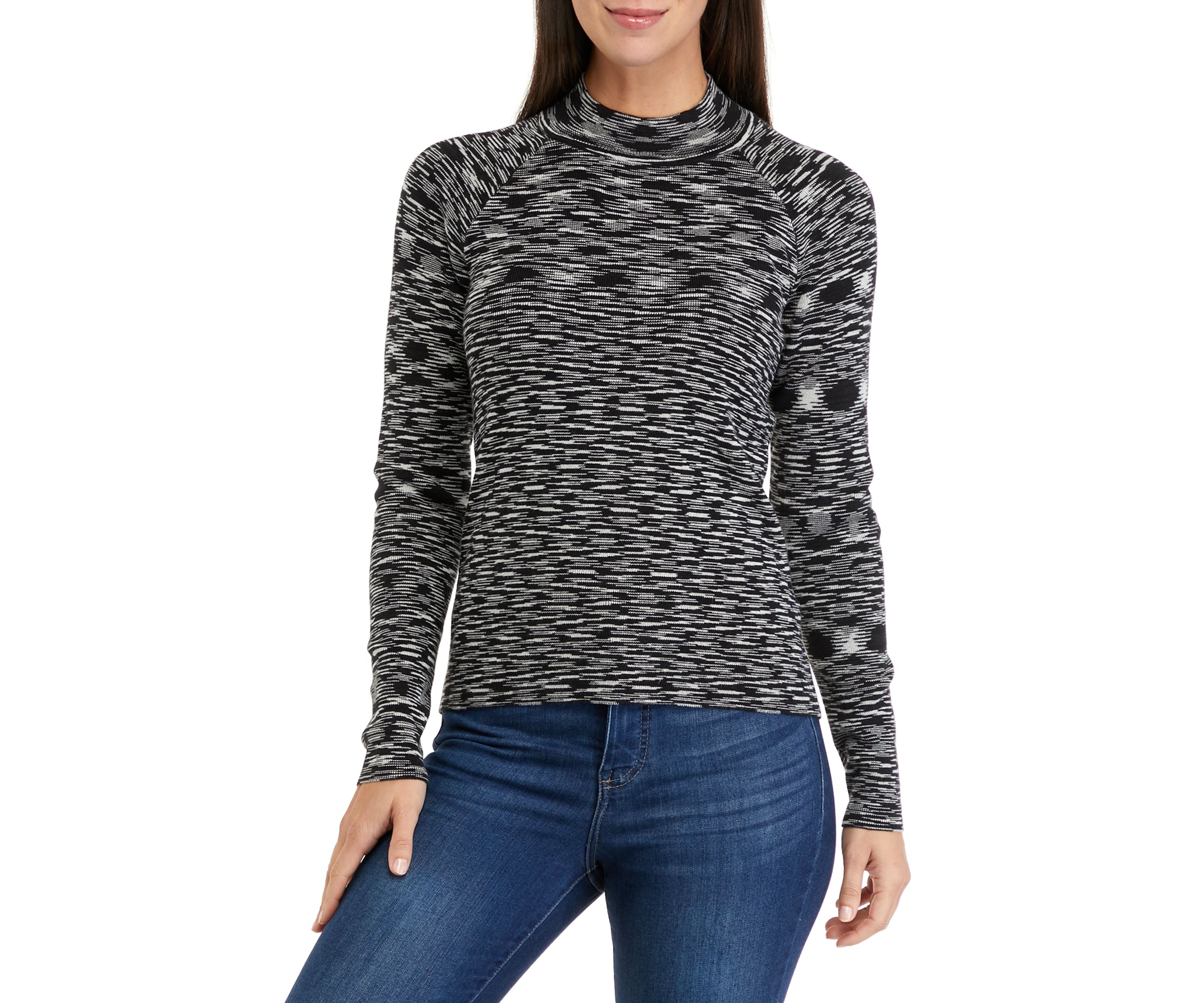 Womens Long Sleeve Mock Neck Space Dye Sweater with Back Cut Out