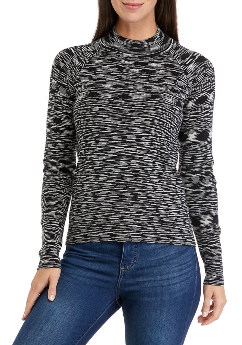 Womens Long Sleeve Mock Neck Space Dye Sweater with Back Cut Out