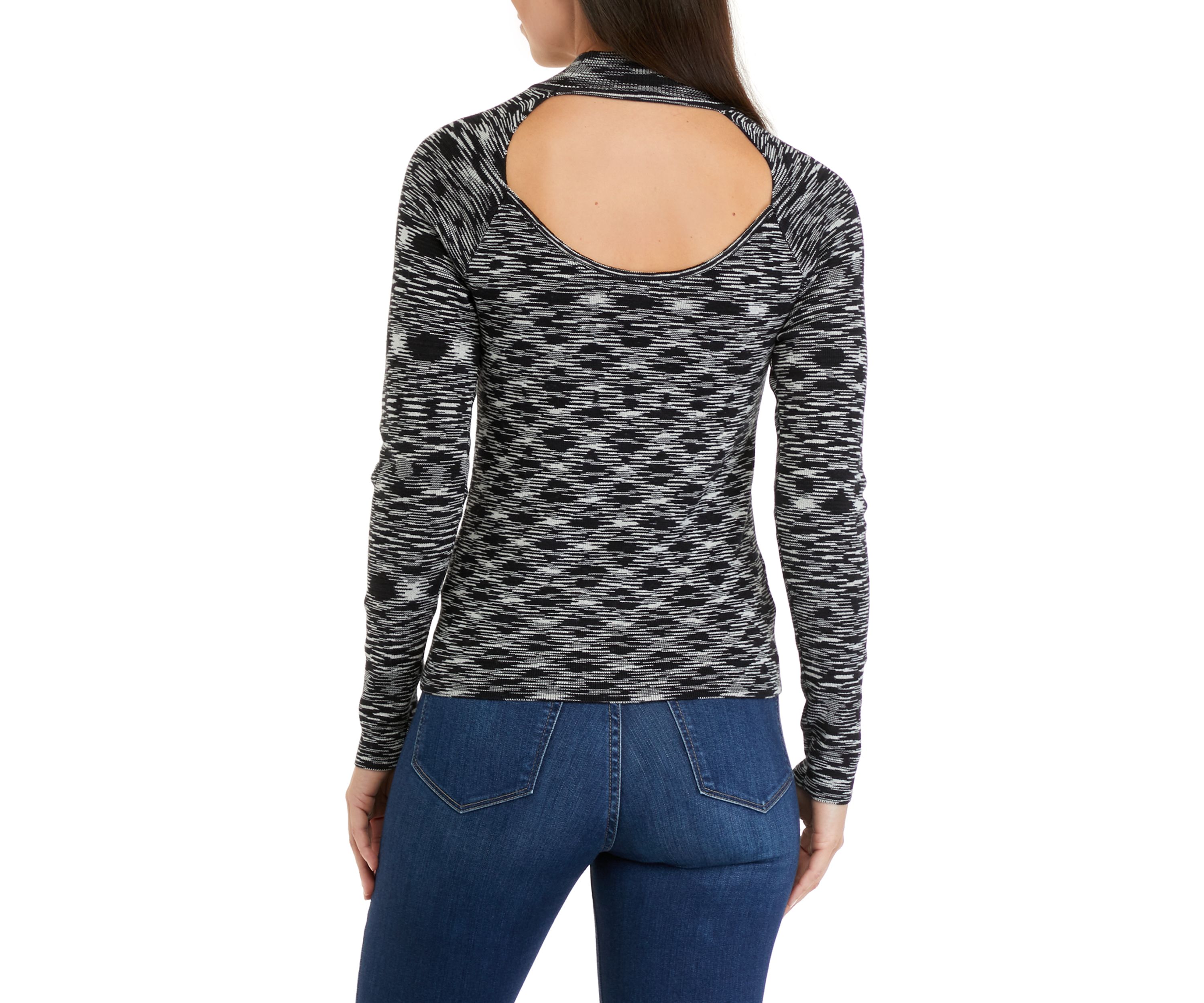 Womens Long Sleeve Mock Neck Space Dye Sweater with Back Cut Out