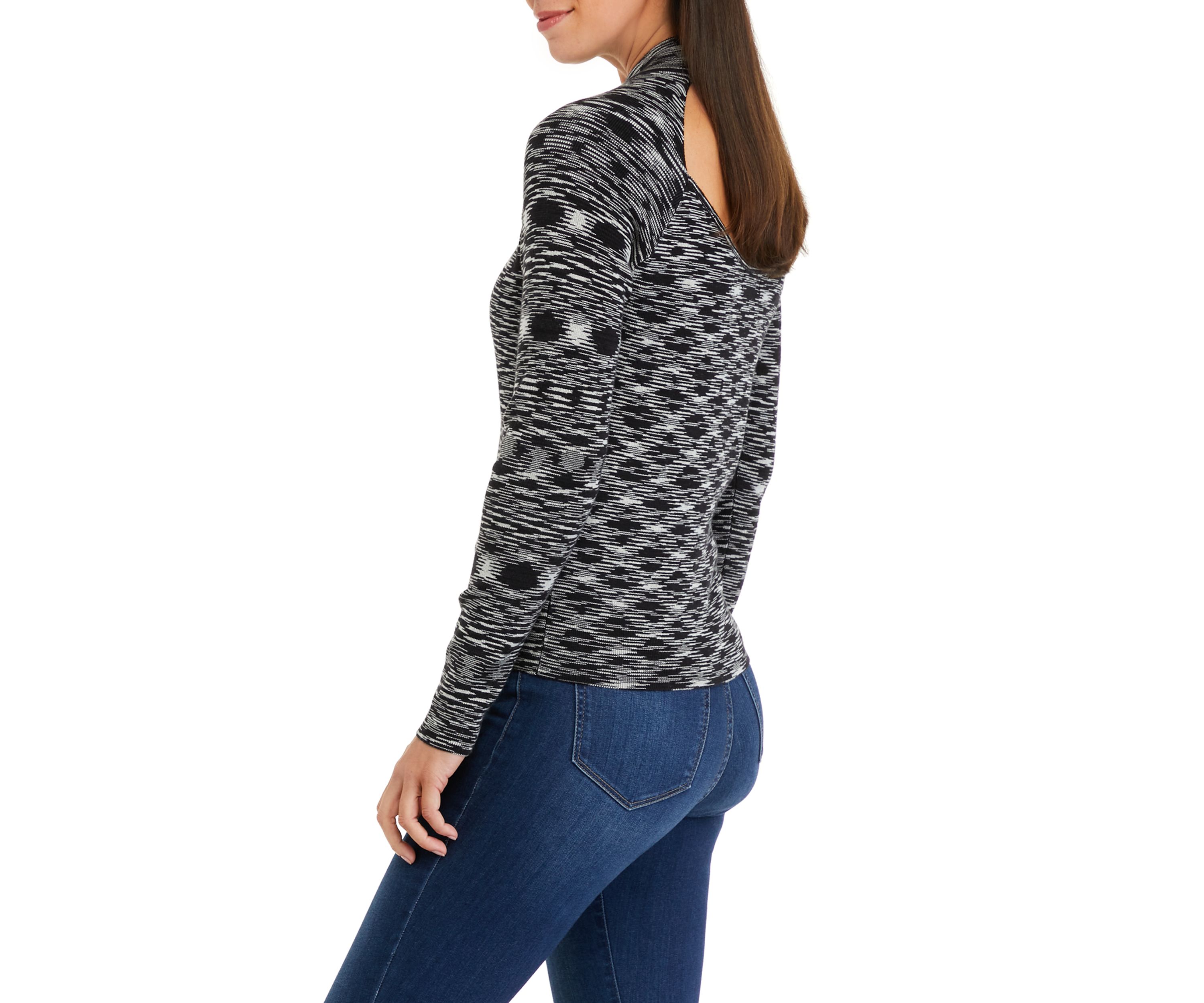 Womens Long Sleeve Mock Neck Space Dye Sweater with Back Cut Out