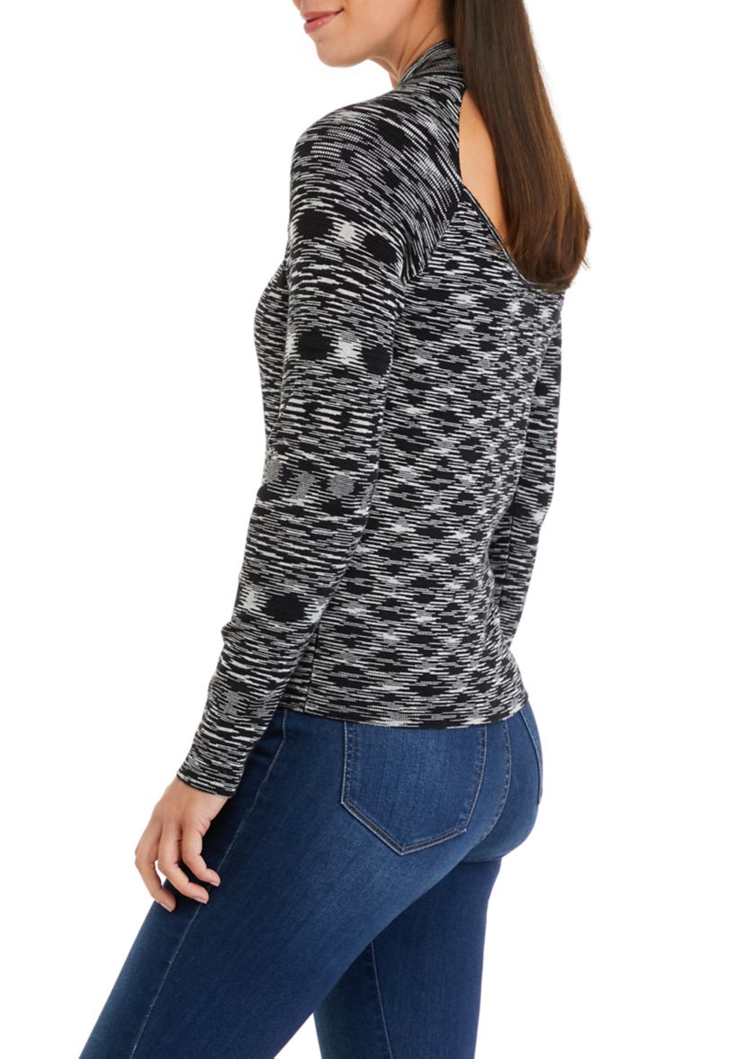 Womens Long Sleeve Mock Neck Space Dye Sweater with Back Cut Out