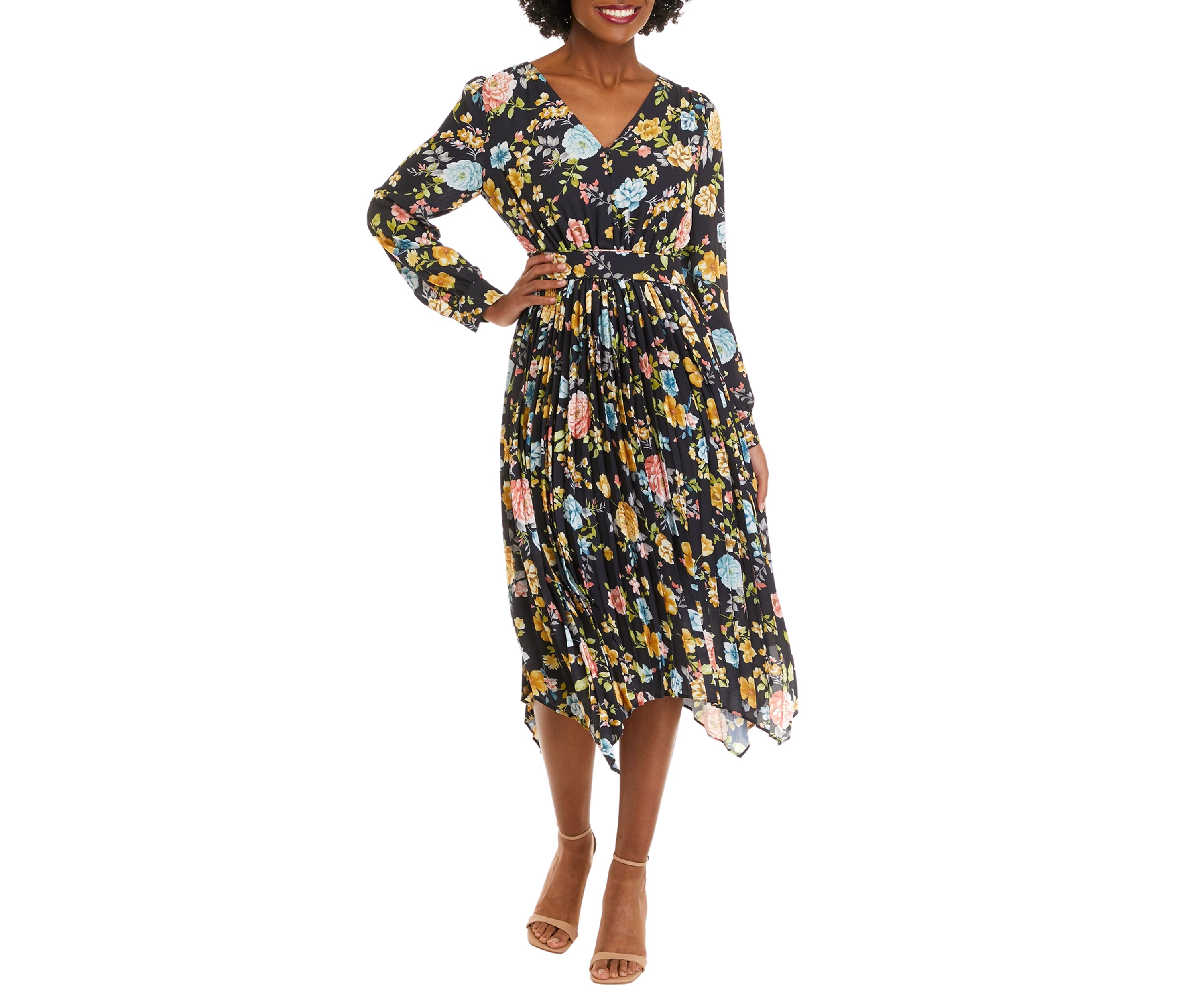 Womens Golden Jewel Print V-Neck Dress with Pleated Shark Bite Hem Dress 