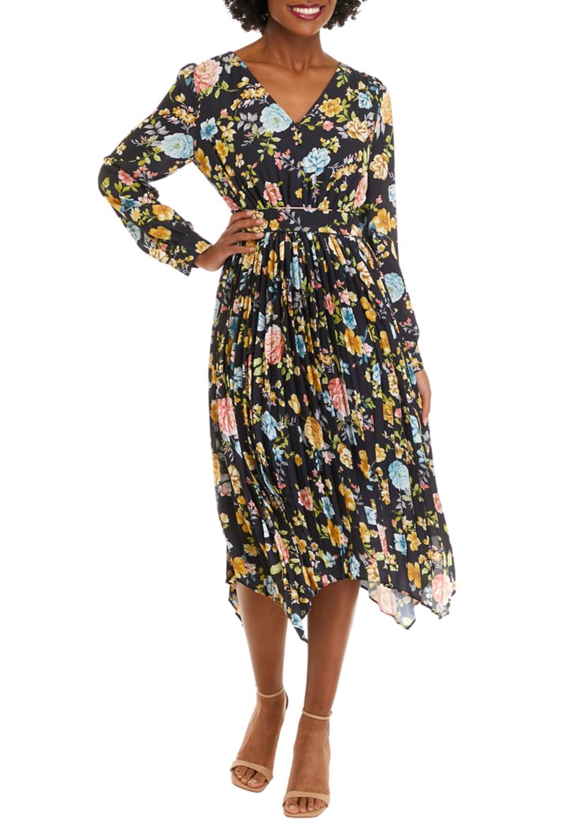 Womens Golden Jewel Print V-Neck Dress with Pleated Shark Bite Hem Dress 
