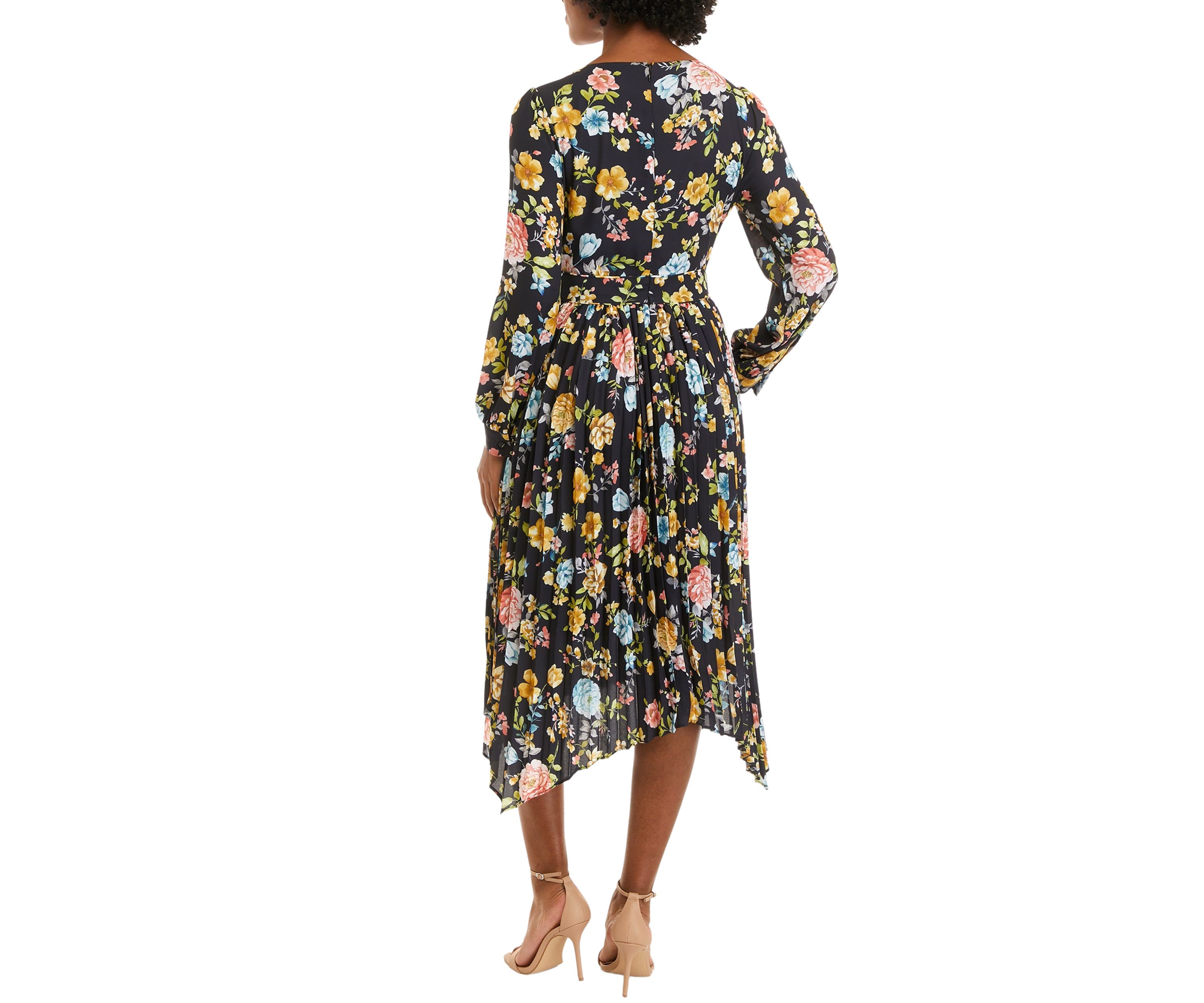 Womens Golden Jewel Print V-Neck Dress with Pleated Shark Bite Hem Dress 