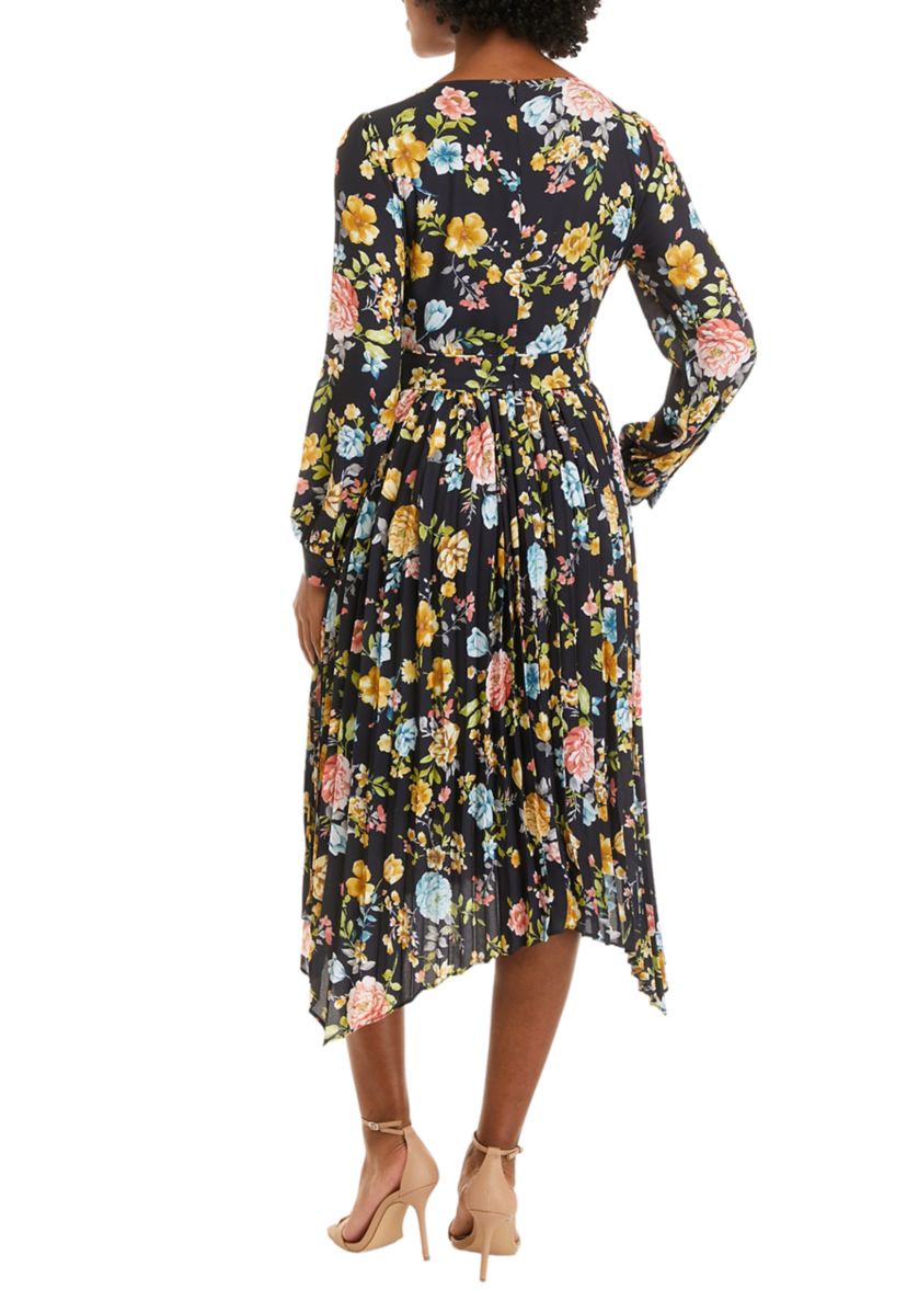 Womens Golden Jewel Print V-Neck Dress with Pleated Shark Bite Hem Dress 