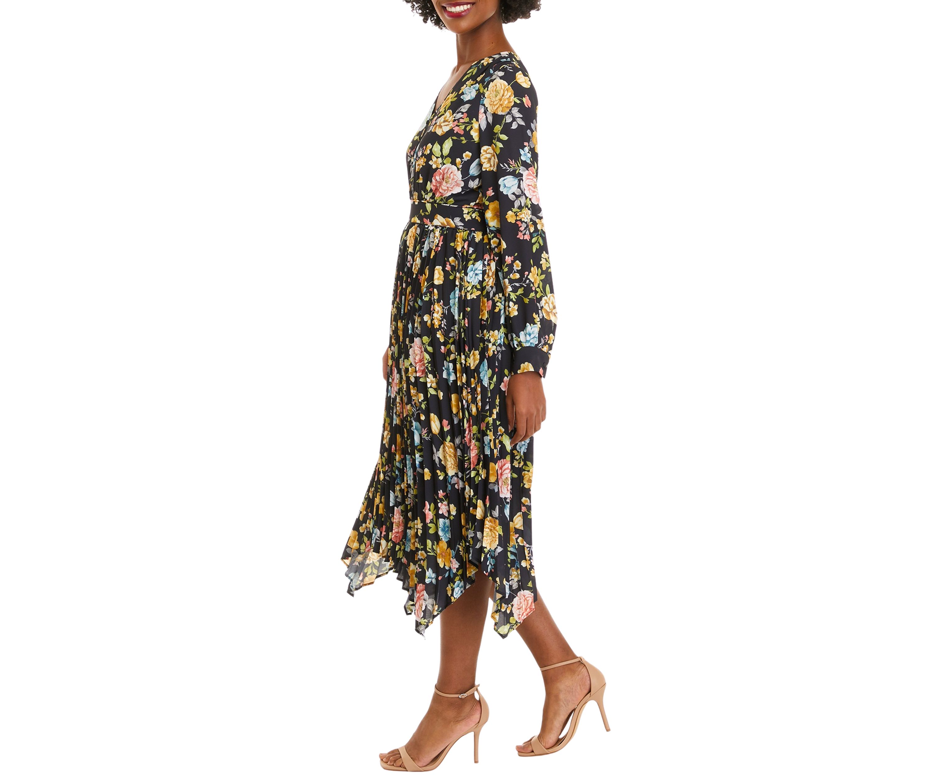 Womens Golden Jewel Print V-Neck Dress with Pleated Shark Bite Hem Dress 