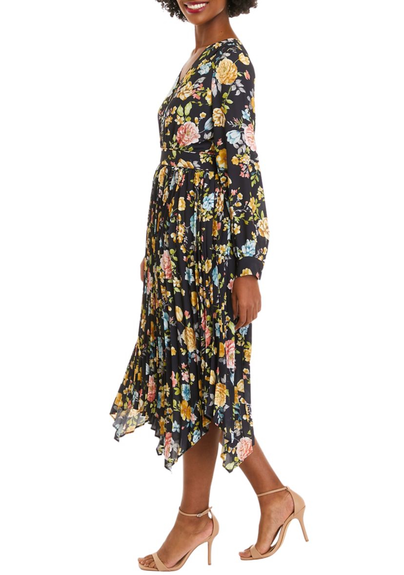 Womens Golden Jewel Print V-Neck Dress with Pleated Shark Bite Hem Dress 