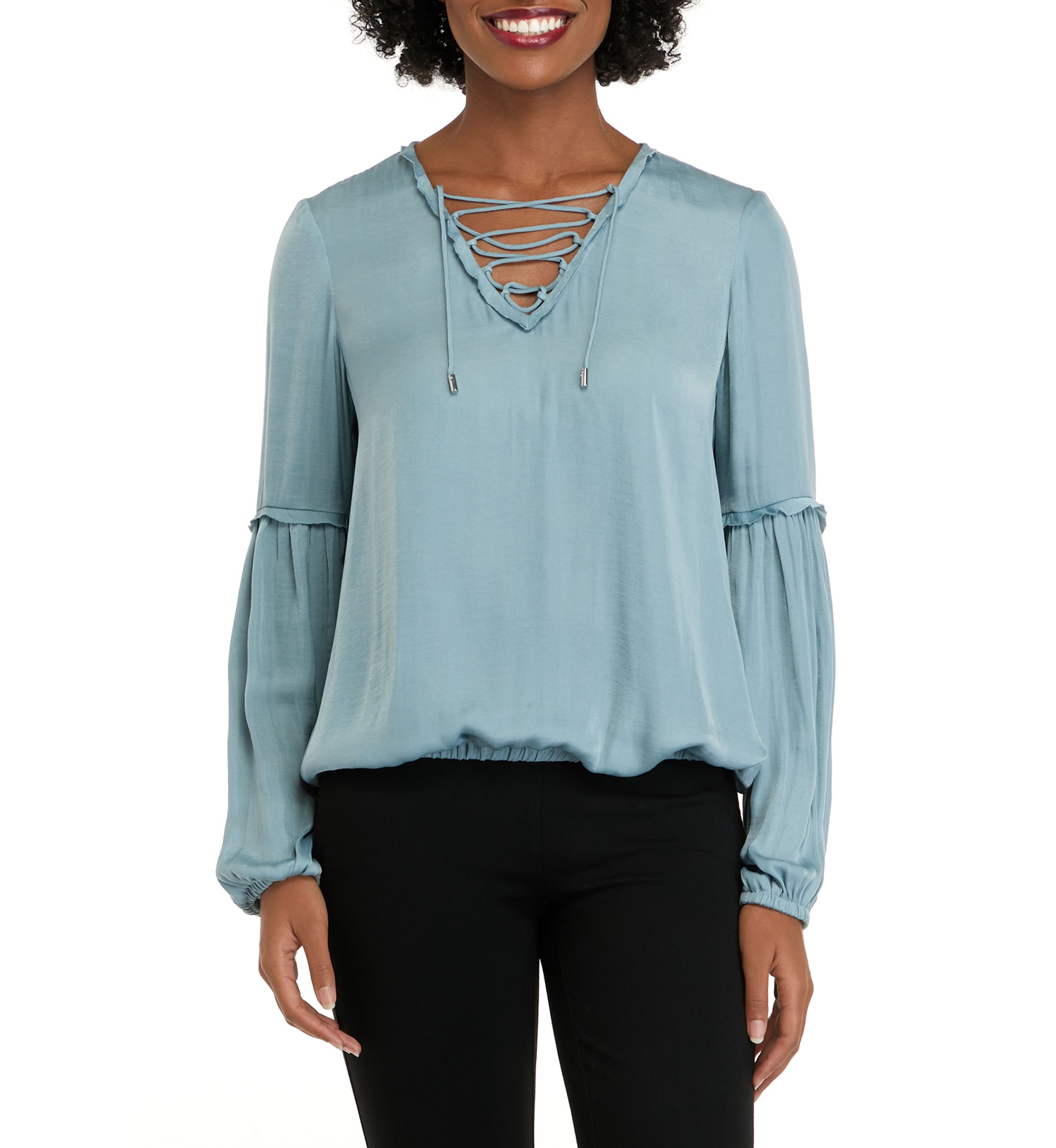 Womens Airflow Blouson Sleeve Blouse with Criss Cross Neck Tie