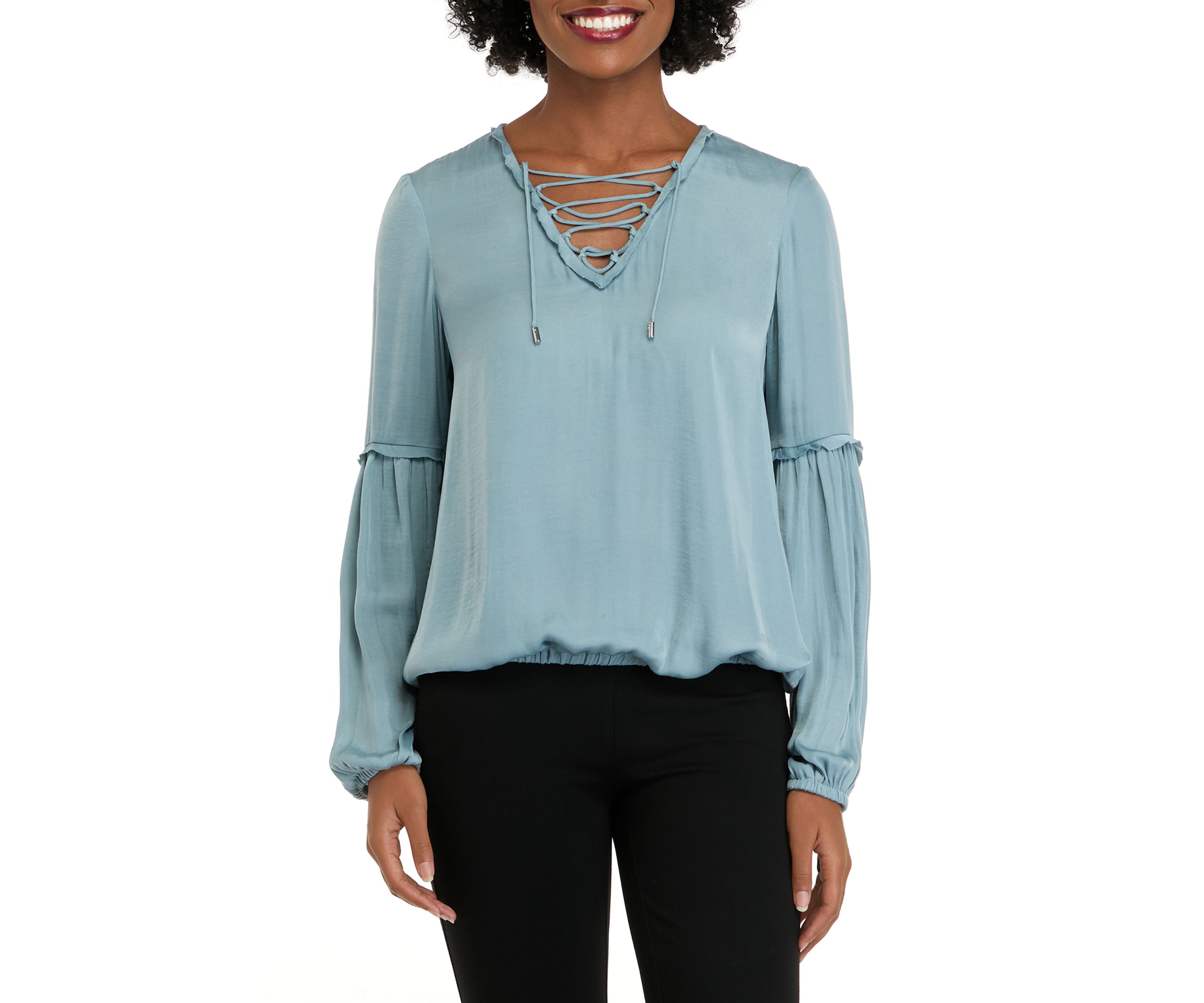 Womens Airflow Blouson Sleeve Blouse with Criss Cross Neck Tie