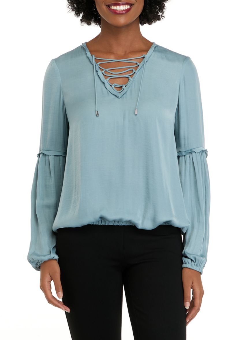 Womens Airflow Blouson Sleeve Blouse with Criss Cross Neck Tie