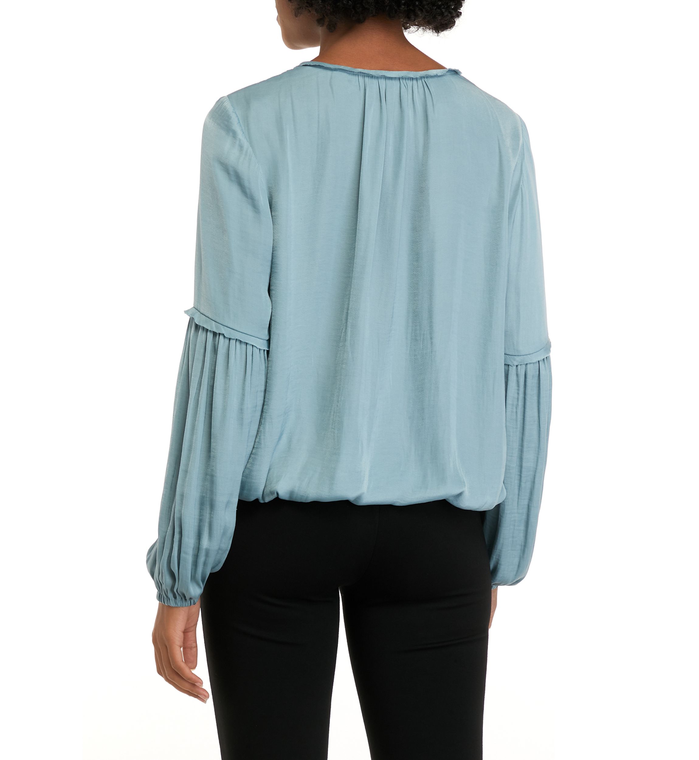 Womens Airflow Blouson Sleeve Blouse with Criss Cross Neck Tie