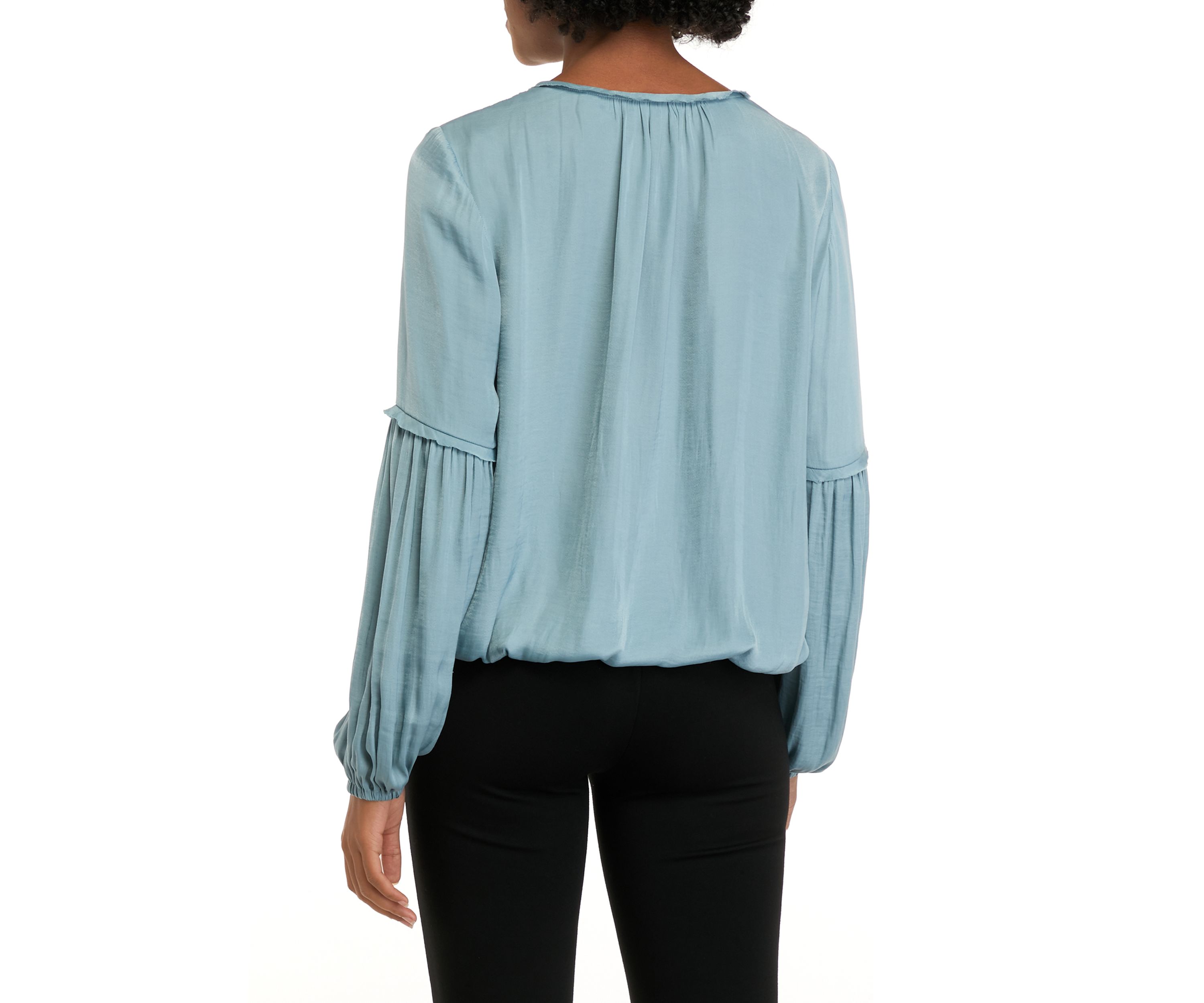 Womens Airflow Blouson Sleeve Blouse with Criss Cross Neck Tie