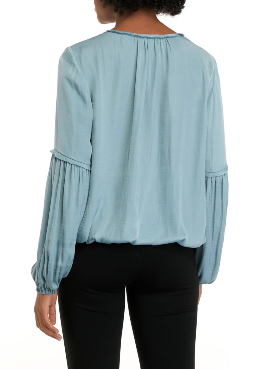 Womens Airflow Blouson Sleeve Blouse with Criss Cross Neck Tie