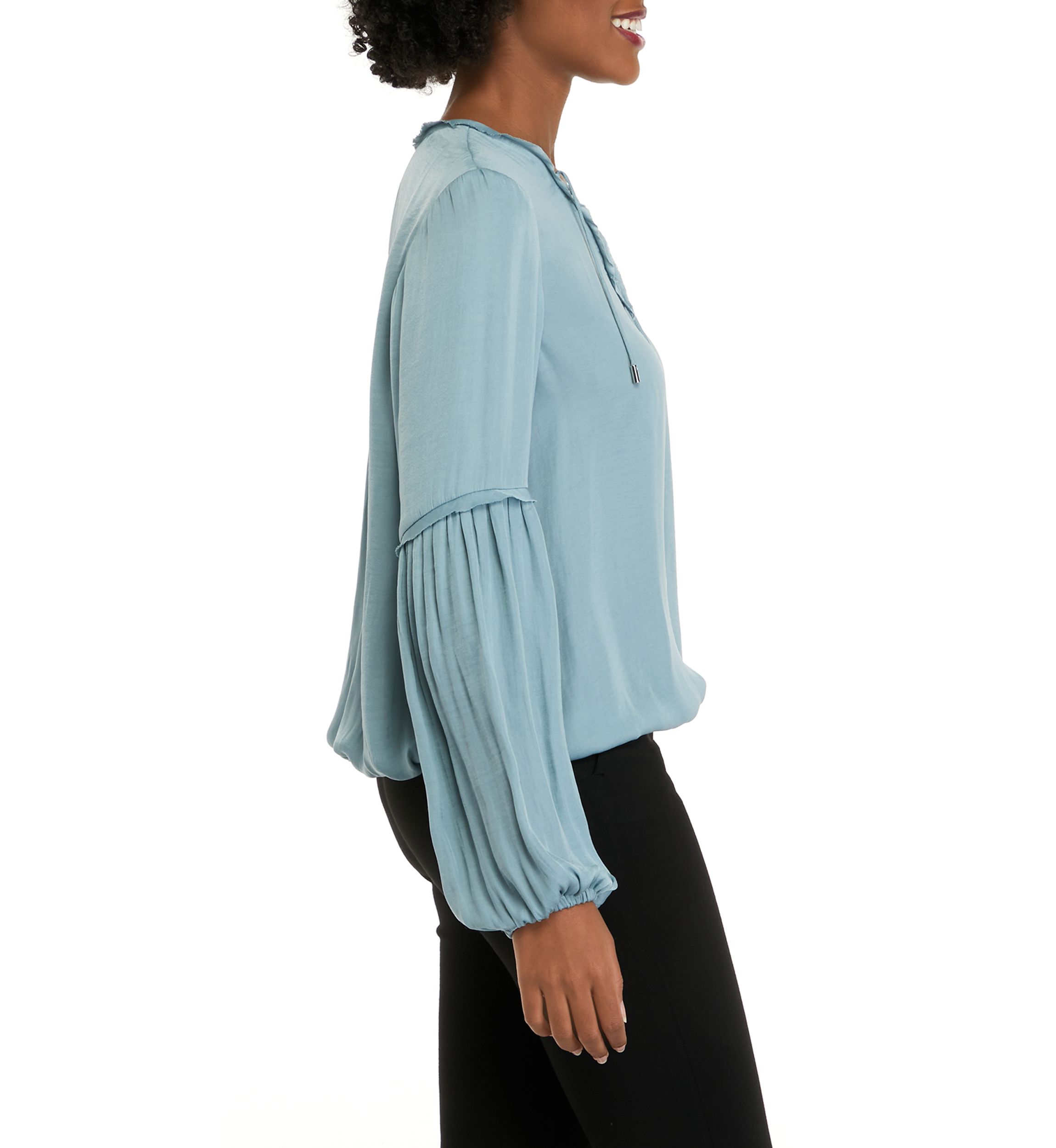 Womens Airflow Blouson Sleeve Blouse with Criss Cross Neck Tie