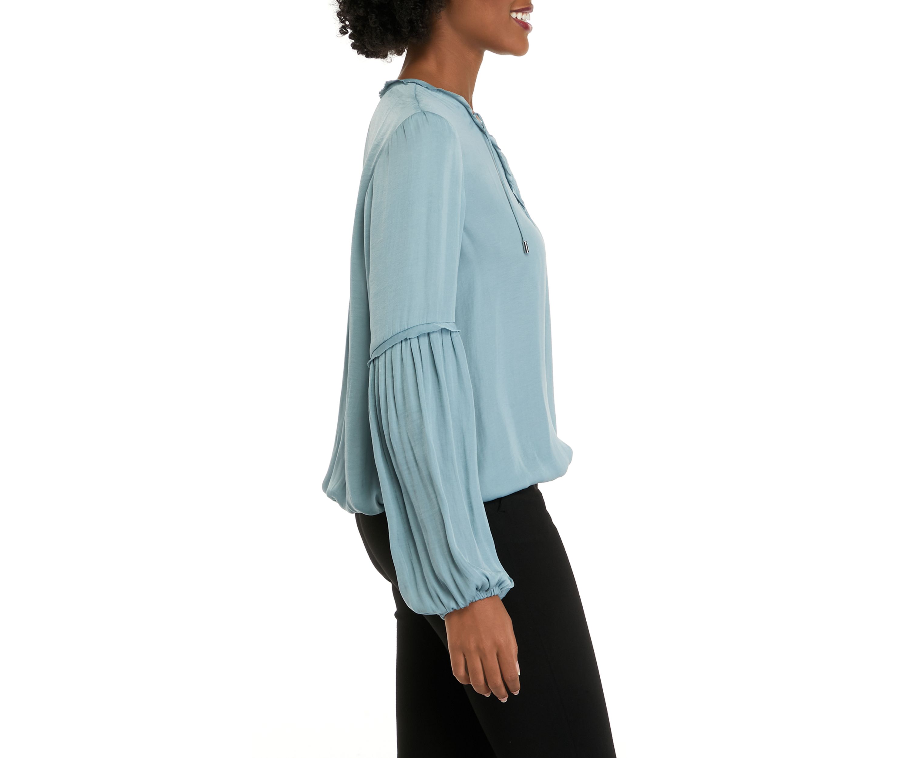 Womens Airflow Blouson Sleeve Blouse with Criss Cross Neck Tie
