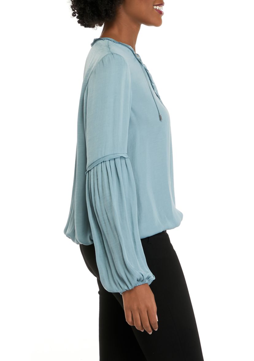 Womens Airflow Blouson Sleeve Blouse with Criss Cross Neck Tie