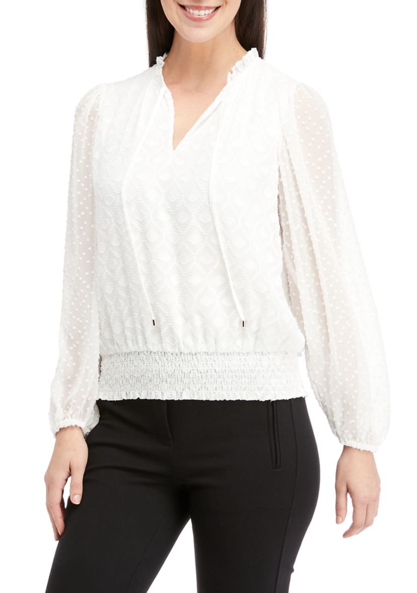Womens Long Sleeve Split Neck Smocked Blouse 