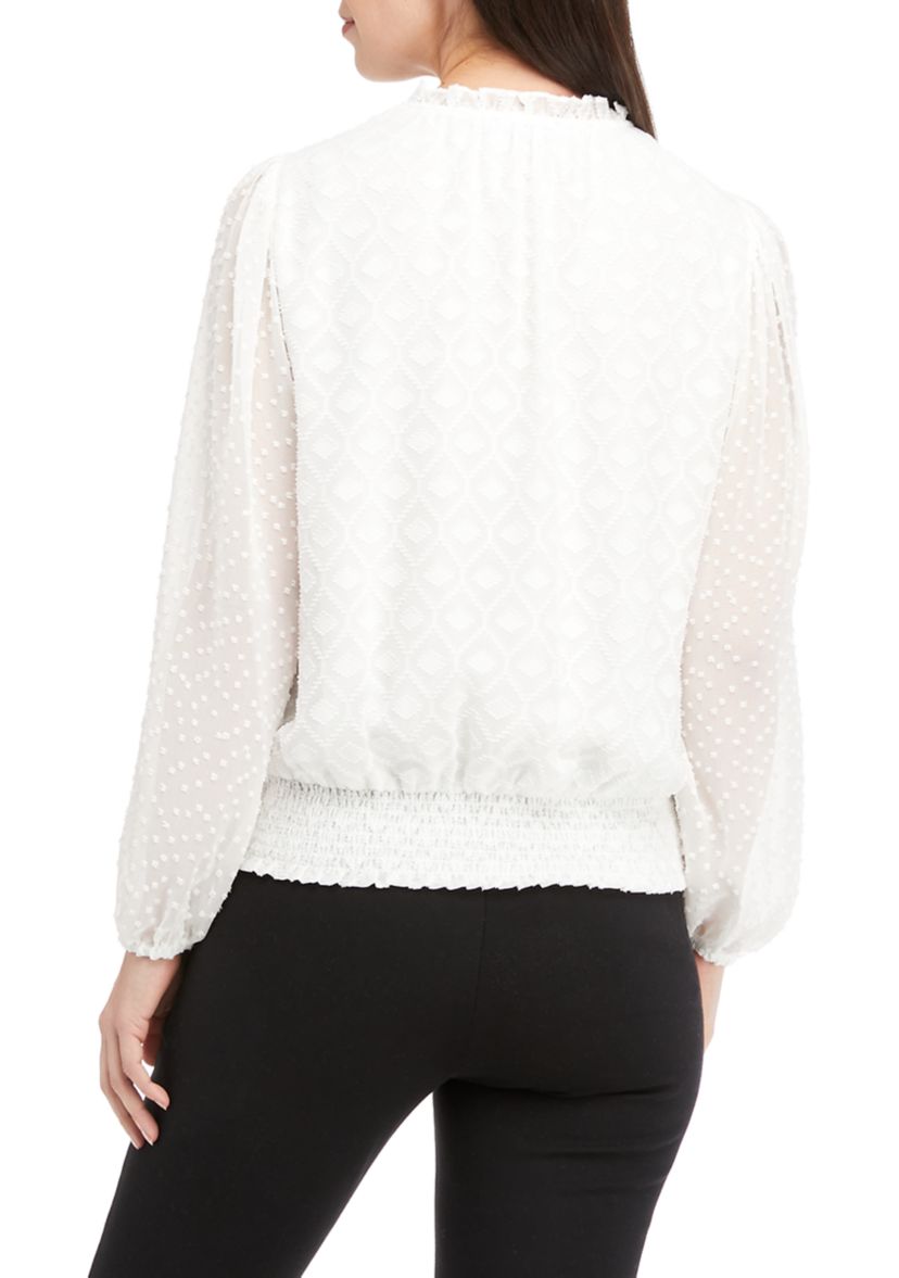 Womens Long Sleeve Split Neck Smocked Blouse 