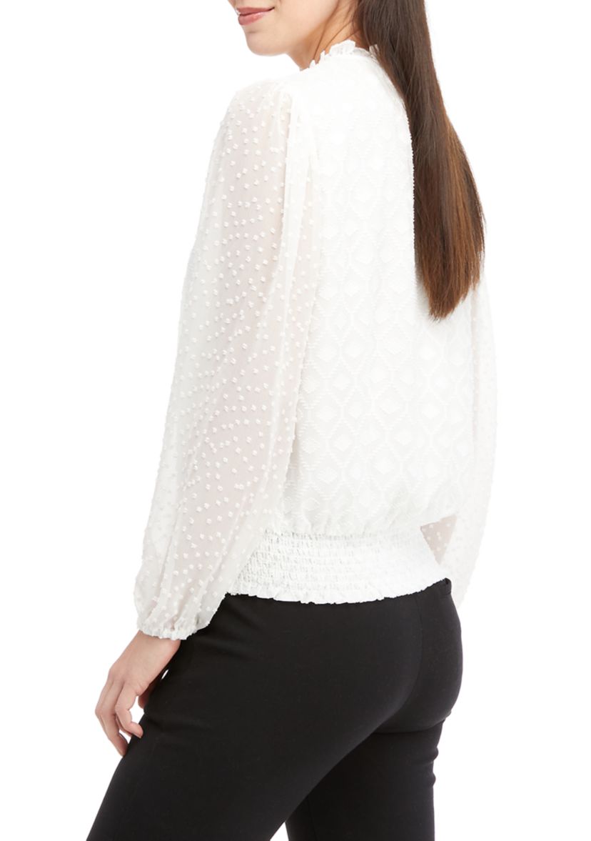 Womens Long Sleeve Split Neck Smocked Blouse 