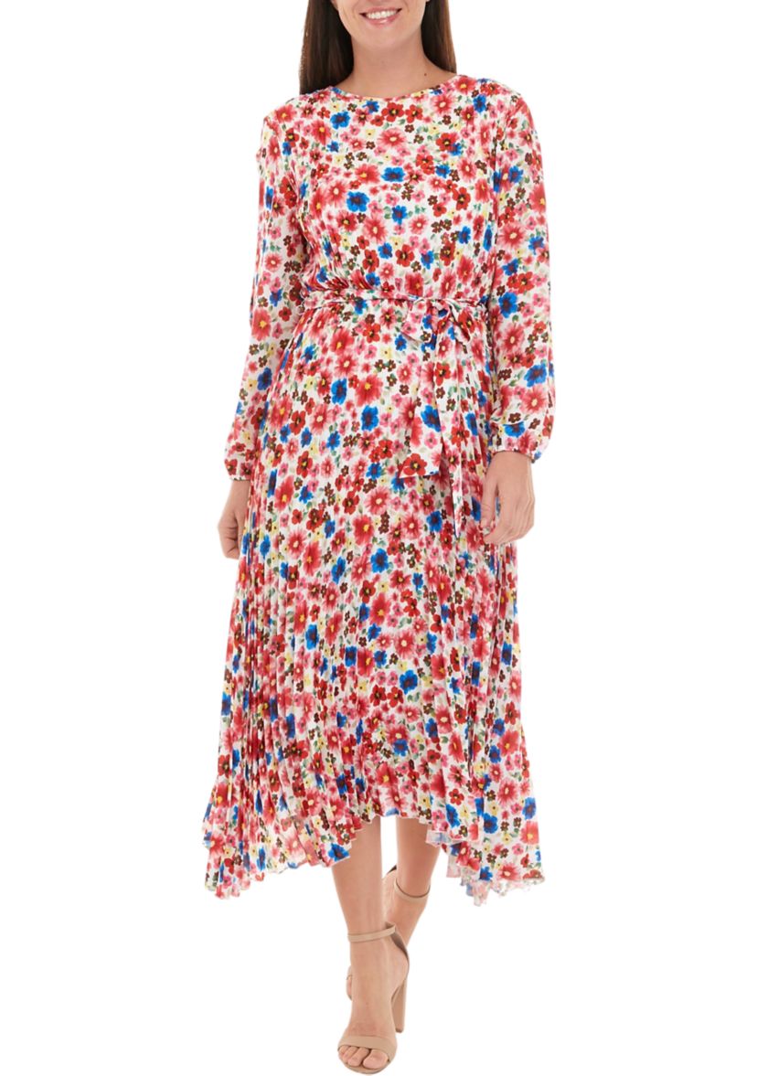 Womens Pop Floral Print Pleated Dress