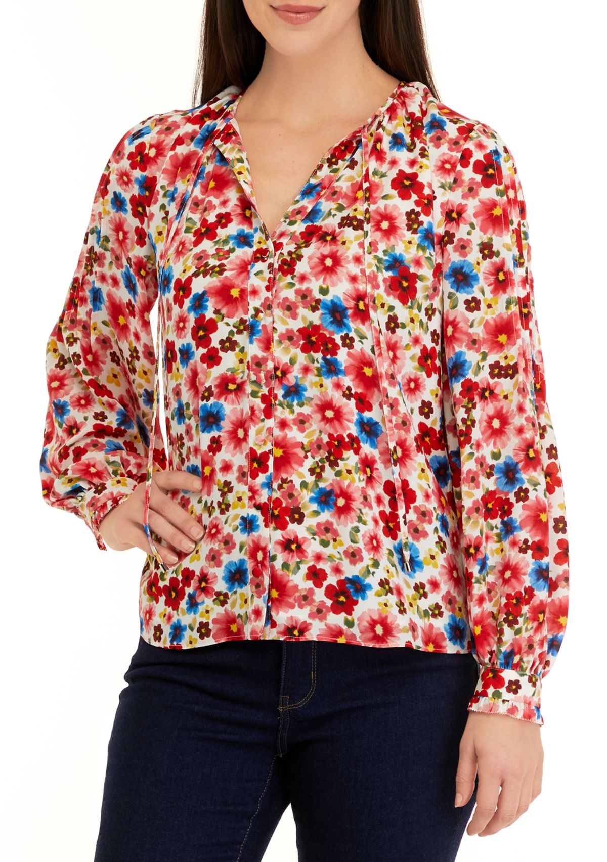 Womens Long Sleeve Crew Neck Button Down Blouse 