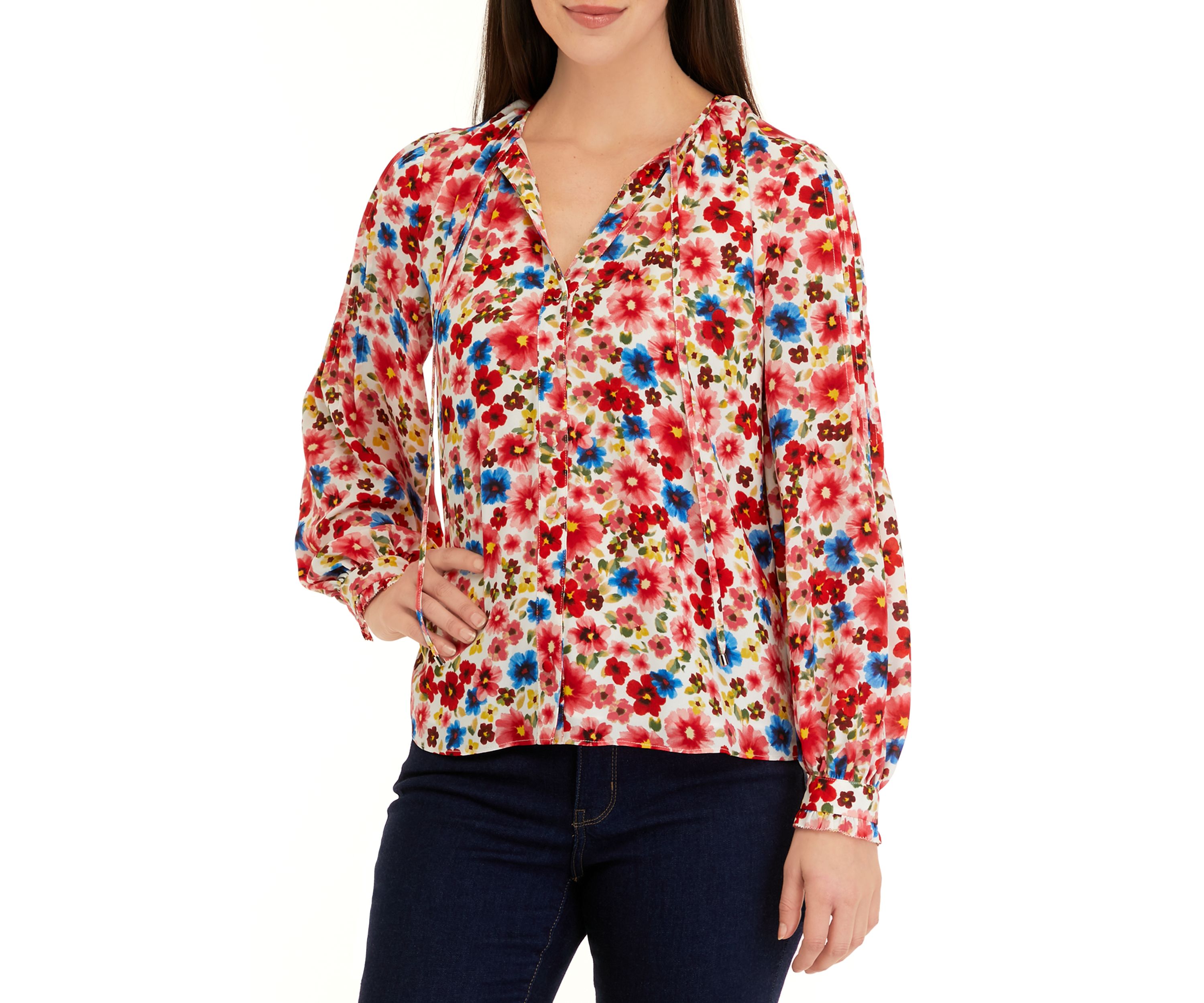 Womens Long Sleeve Crew Neck Button Down Blouse 