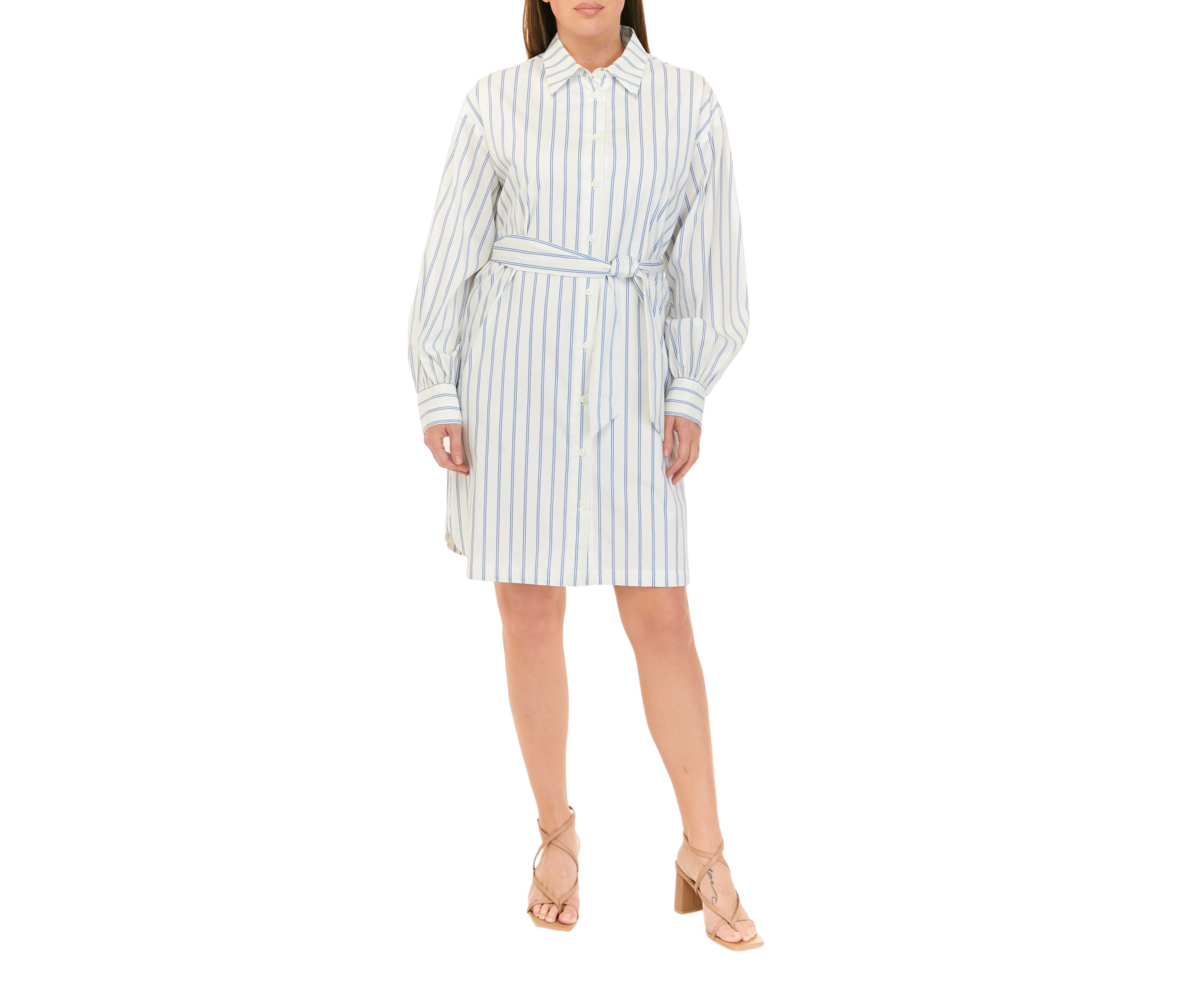 Womens Striped Button Down Dress with Belt