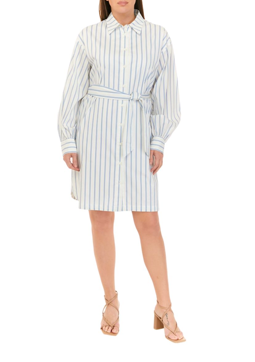 Womens Striped Button Down Dress with Belt