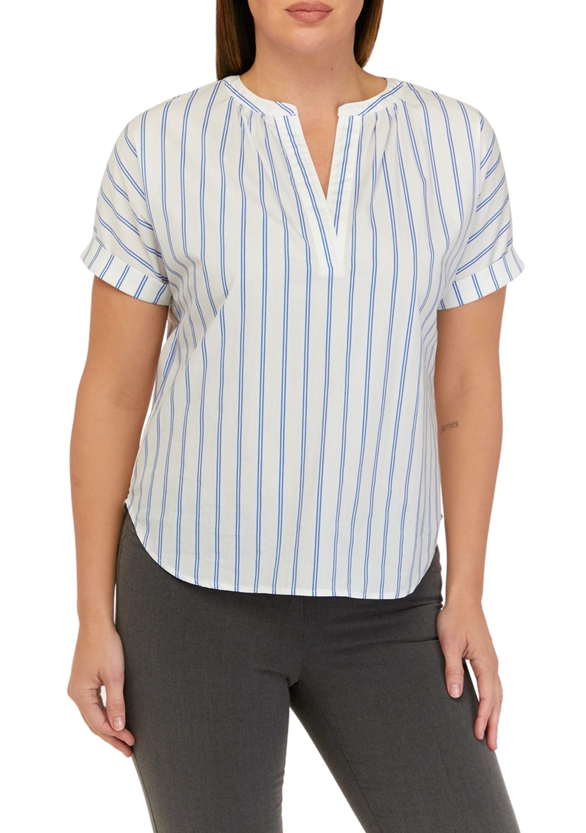 Womens Striped Split Neck A-Line Top