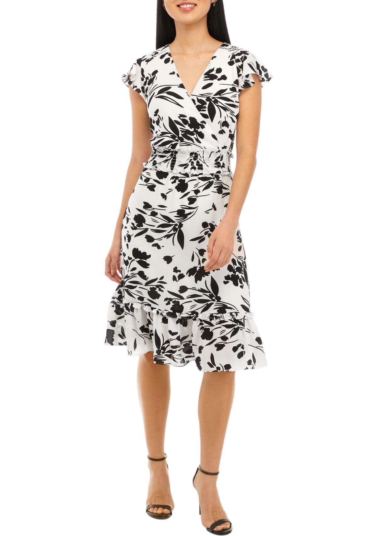 Womens Short Sleeve Wrap Dress with Smocked Waist