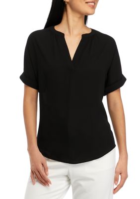 T TAHARI Women's Short Sleeve Split Neck Solid Top | belk