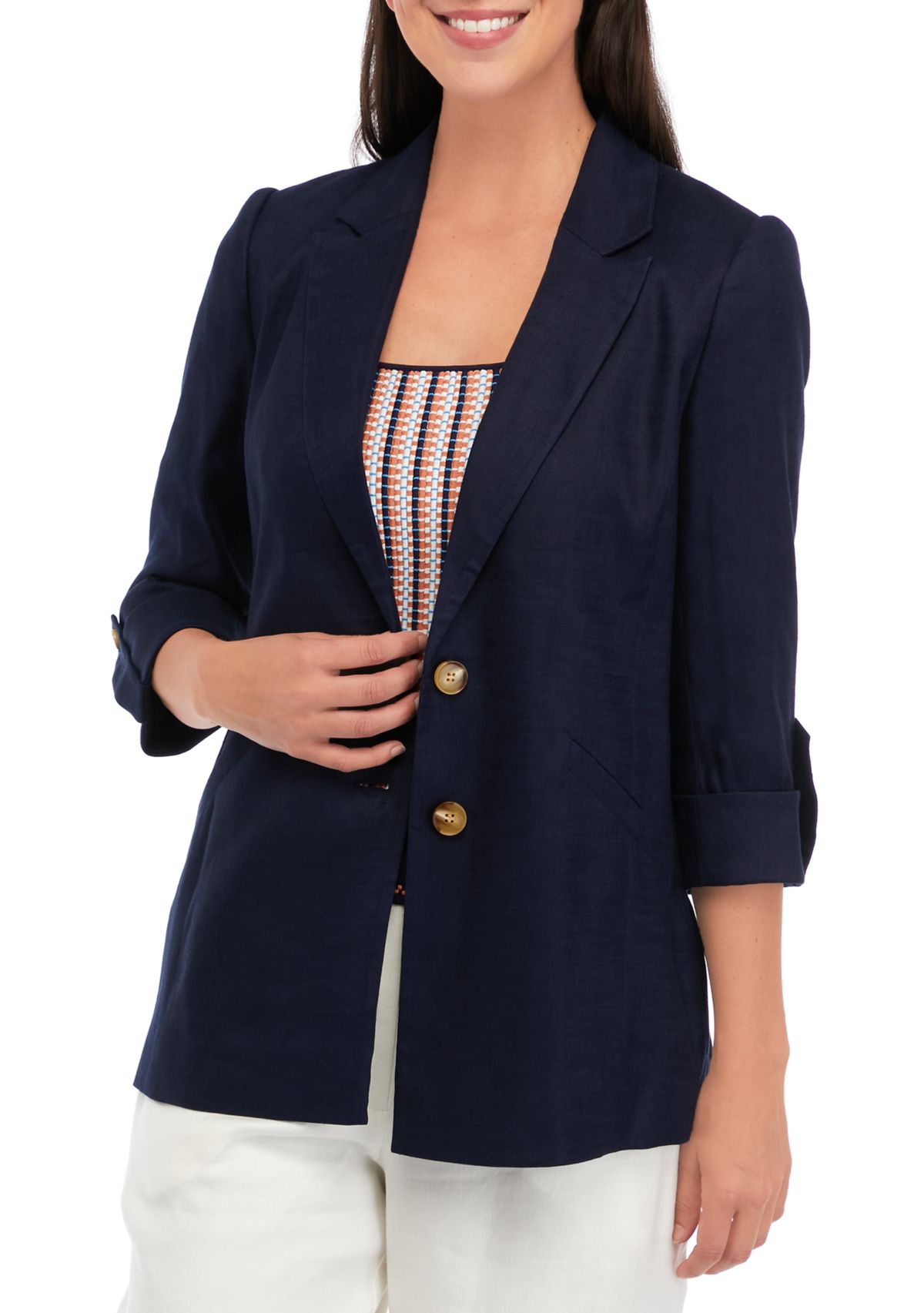 Womens 2-Button Roll Sleeve Notched Blazer