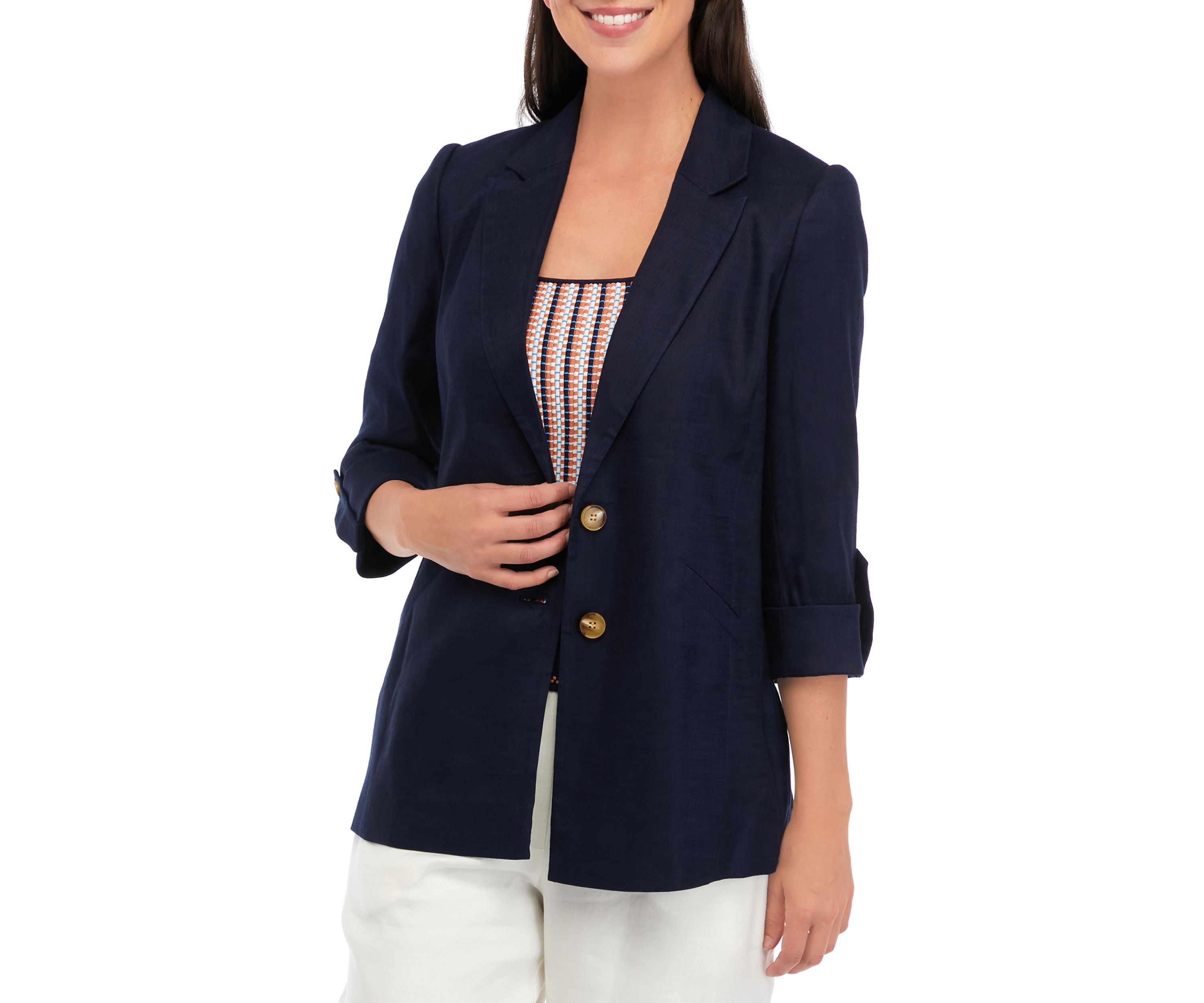 Womens 2-Button Roll Sleeve Notched Blazer