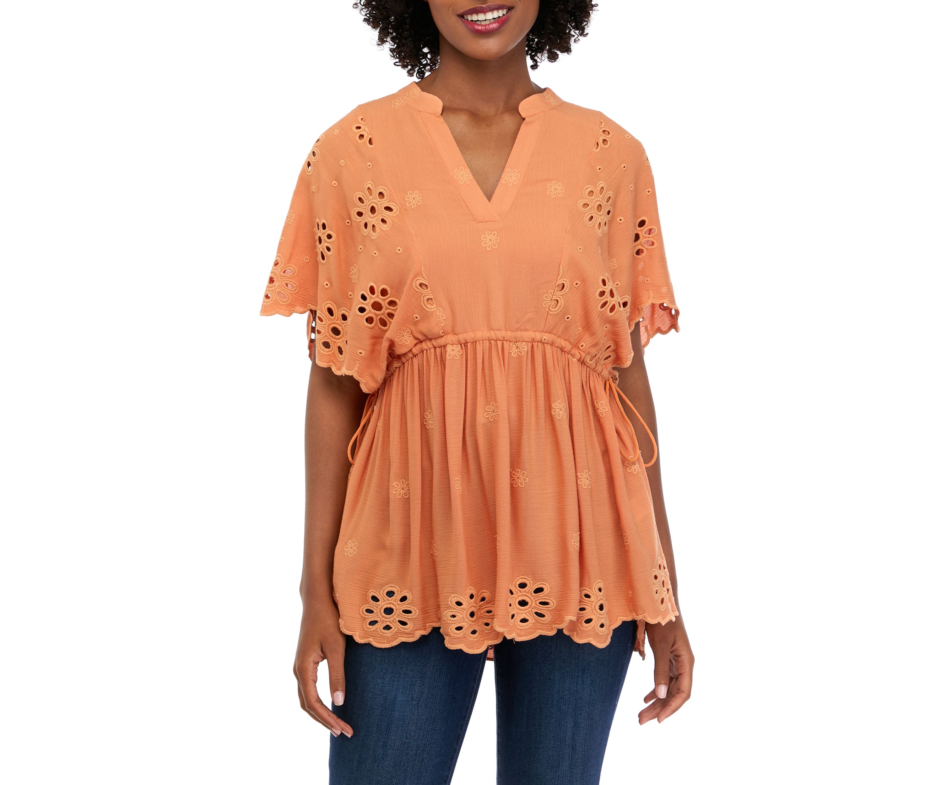 Womens Split Neck Eyelet Peplum Top