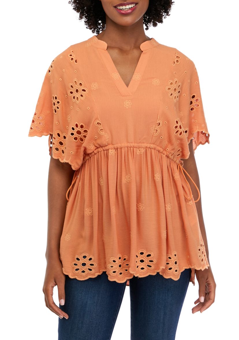 Womens Split Neck Eyelet Peplum Top