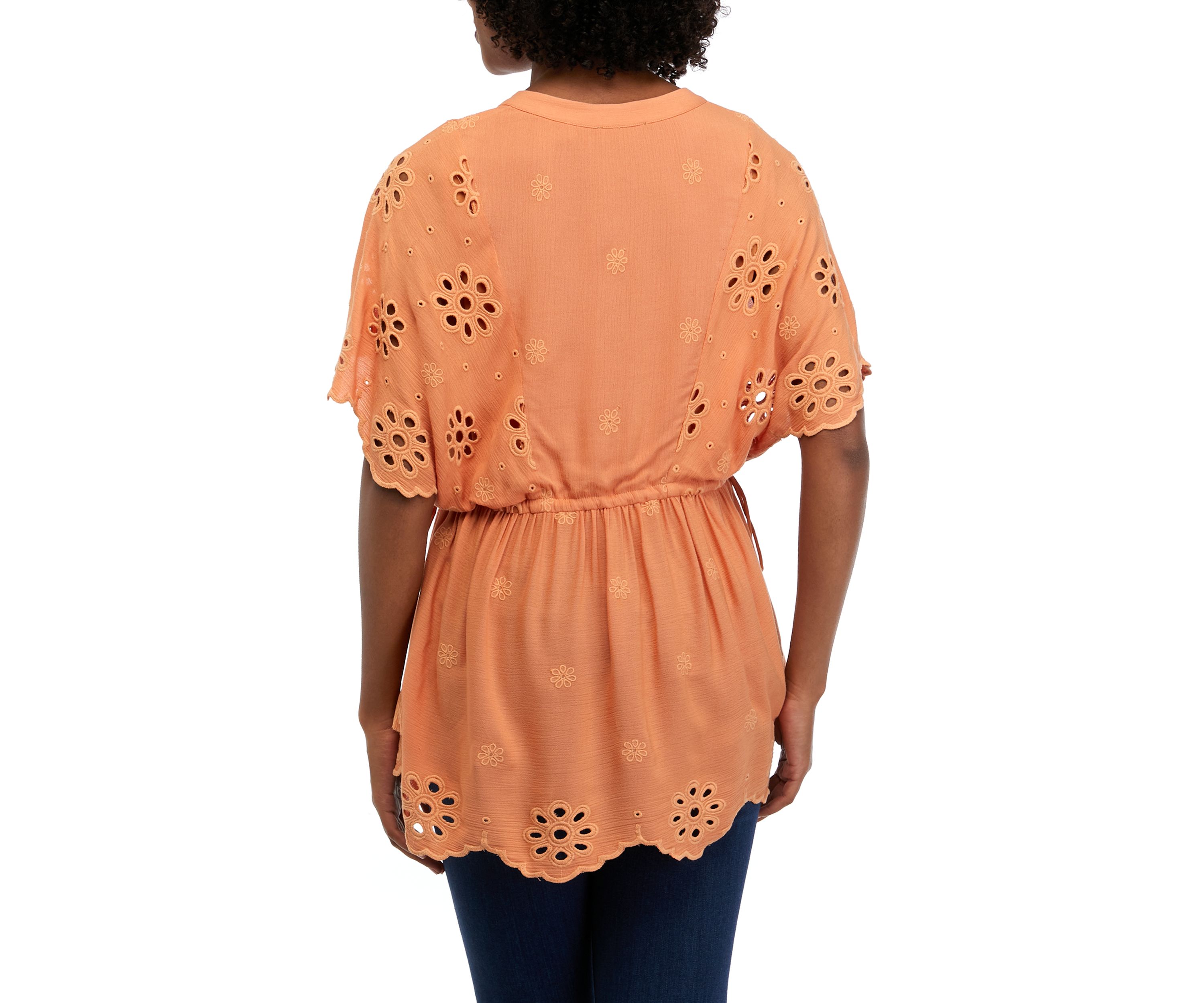 Womens Split Neck Eyelet Peplum Top