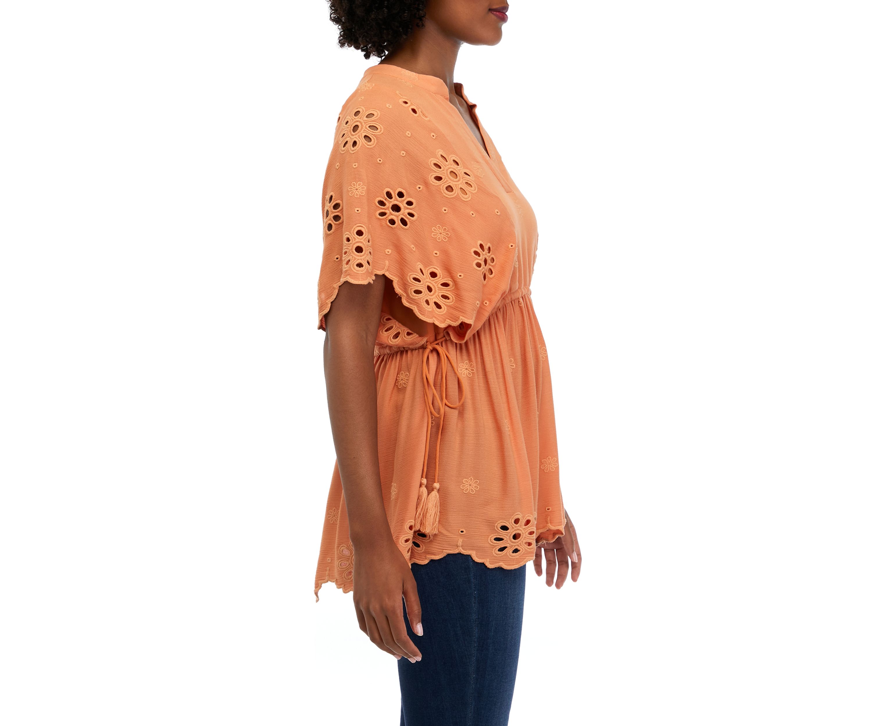 Womens Split Neck Eyelet Peplum Top