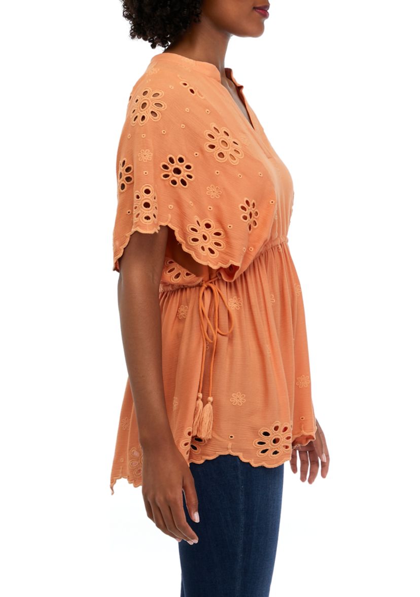 Womens Split Neck Eyelet Peplum Top