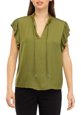 T Tahari Women's Airflow Peasant Top With Pleated Flutter Sleeves