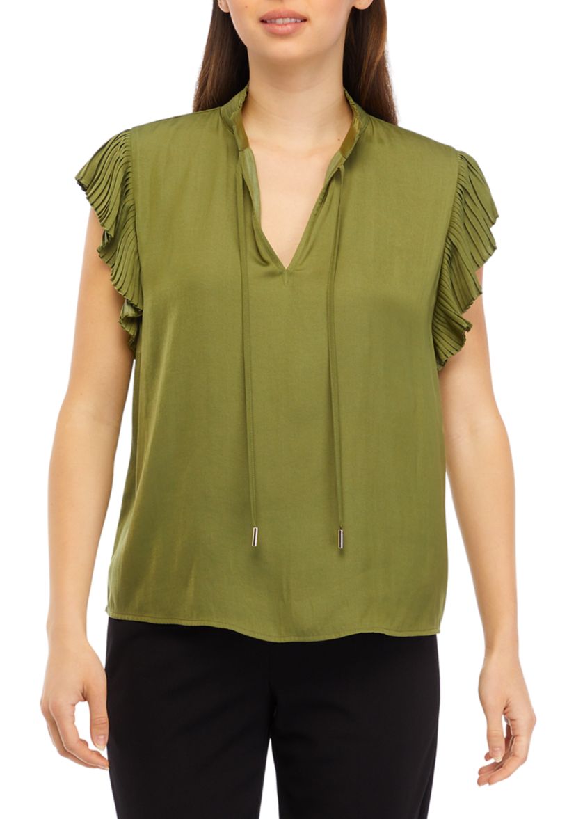 Womens Airflow Peasant Top with Pleated Flutter Sleeves