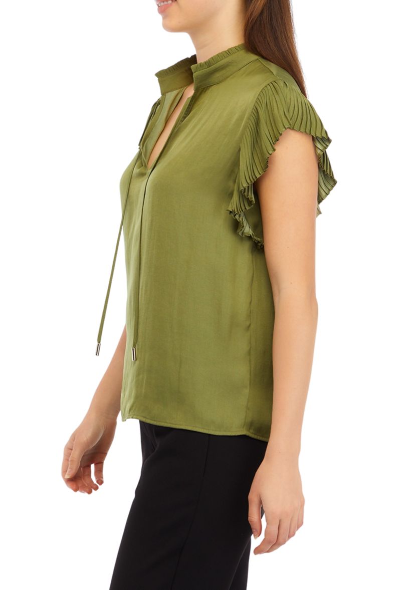Womens Airflow Peasant Top with Pleated Flutter Sleeves